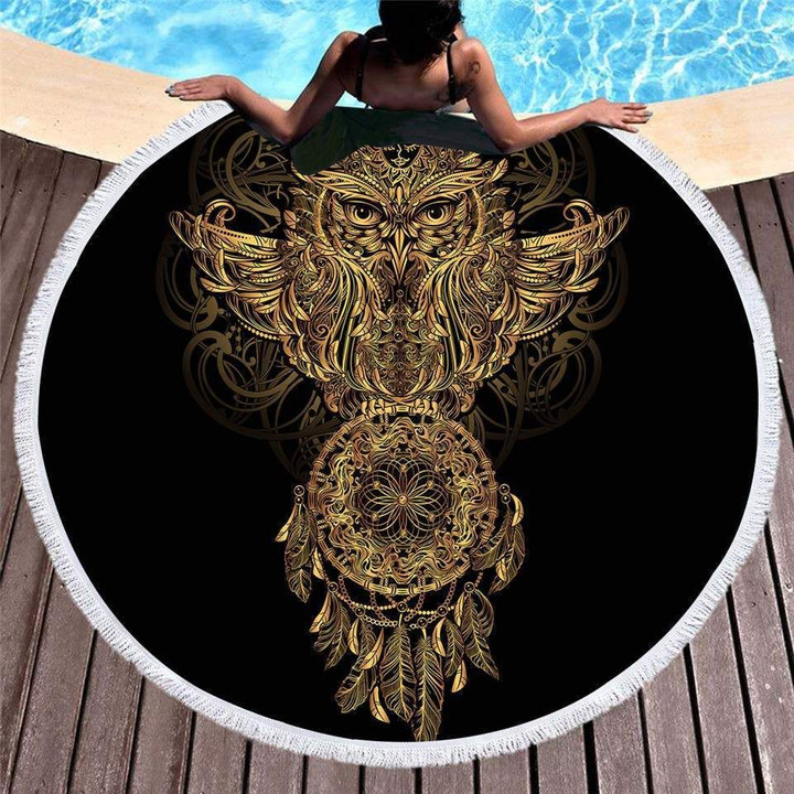 Bronzing Owl And Campanula Printed Round Beach Towel