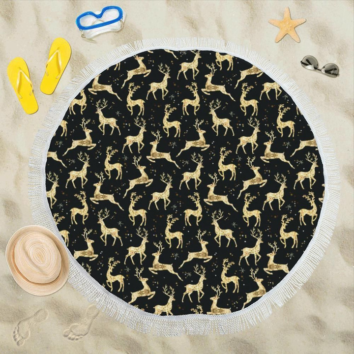 Deer Gold On Black Pattern Printed Round Beach Towel