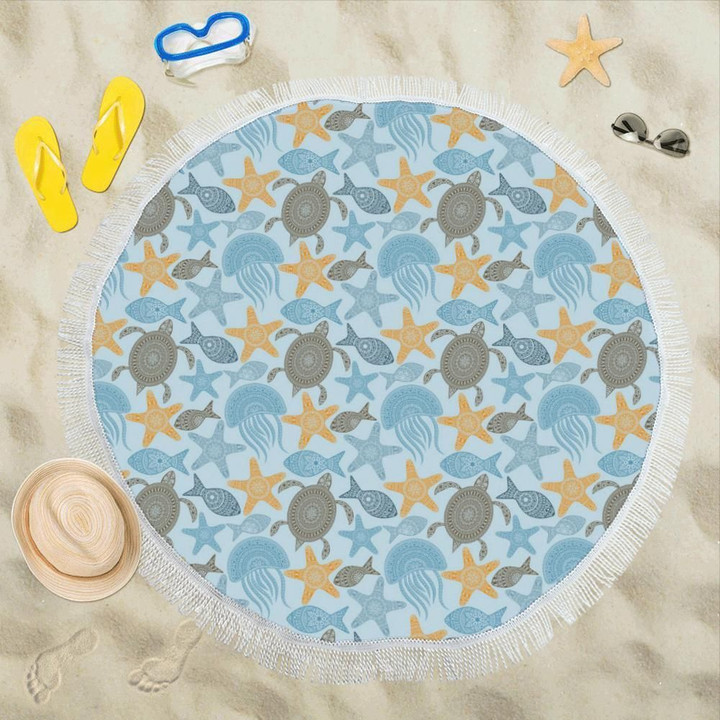 Polynesian Jellyfish Turtle Print Round Beach Towel