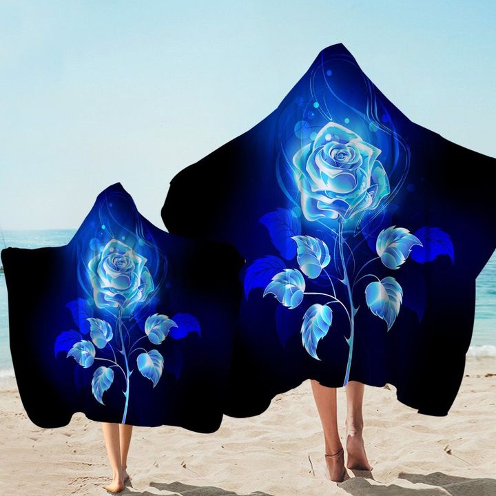 Blue Ethereal Rose On Black Printed Hooded Towel