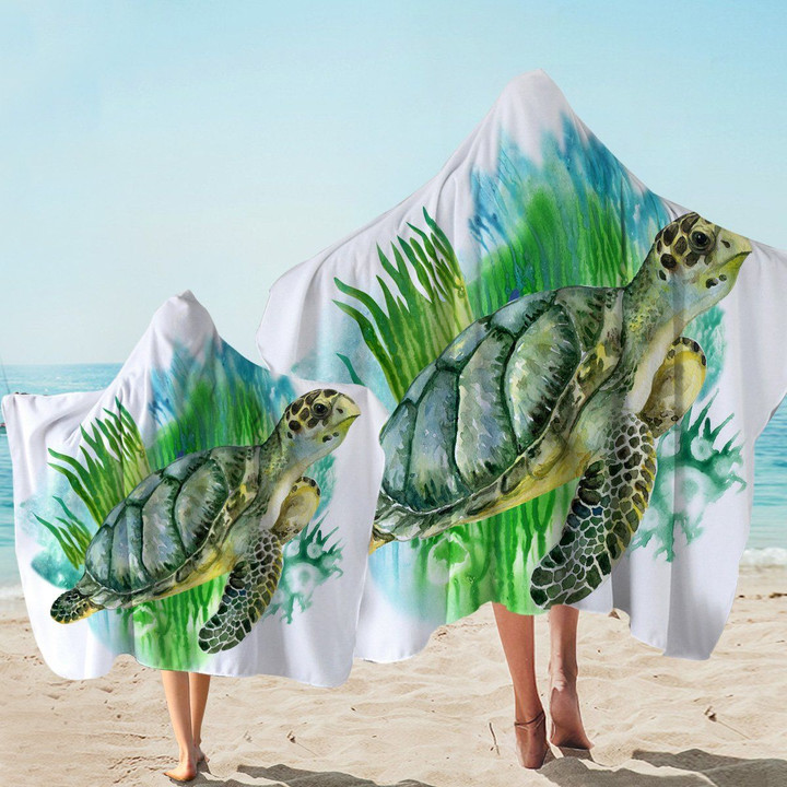 Sea Turtle Seaweed Under The Sea Printed Hooded Towel