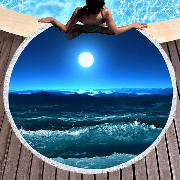 Bright Moon Rises Over The Blue Sea Printed Round Beach Towel