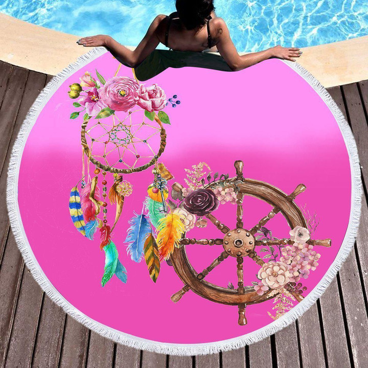 The Dreamcatcher And Helm Pink Printed Round Beach Towel