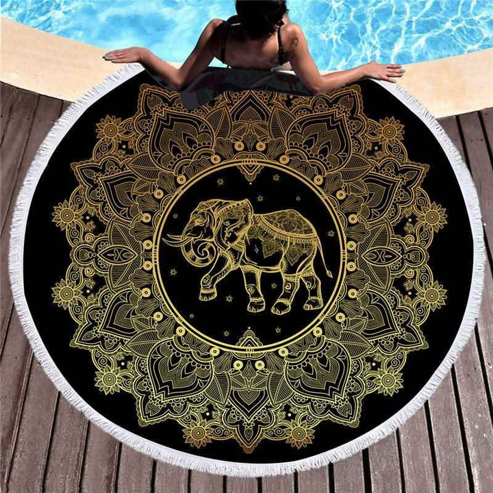 Bronzing Mandala Elephant Flower Printed Round Beach Towel