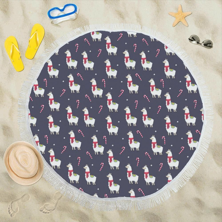 Llama With Candy Cane Themed Print Round Beach Towel