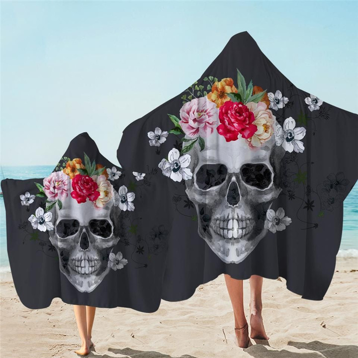 Flowery Skull Grey Background Printed Hooded Towel
