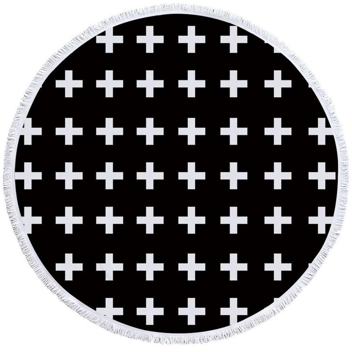 White Cross Patterns Black Printed Round Beach Towel