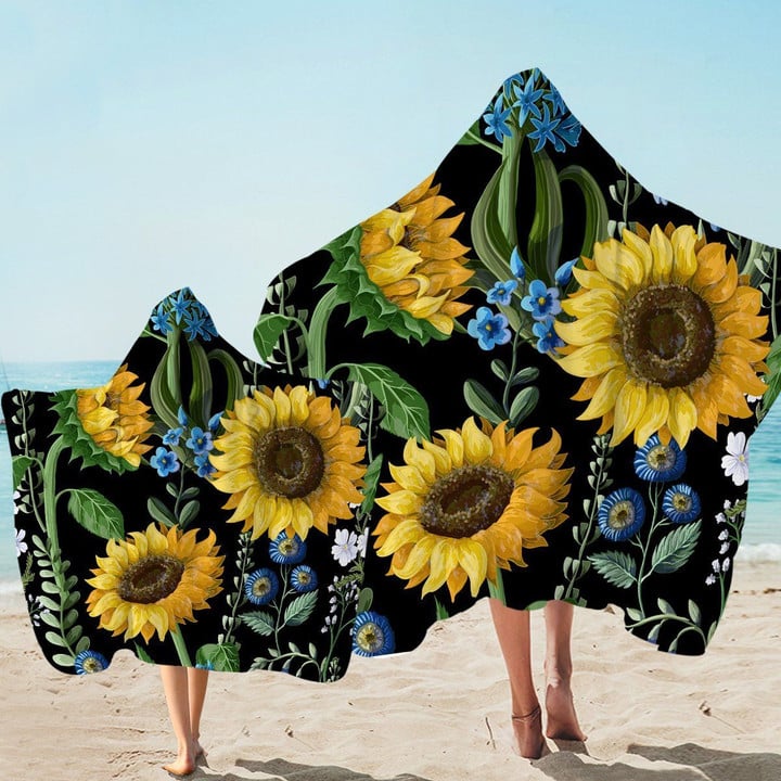 Painted Sunflower And Blue Plants Printed Hooded Towel