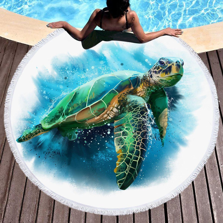 Queen Of The Ocean Sea Turtle Printed Round Beach Towel