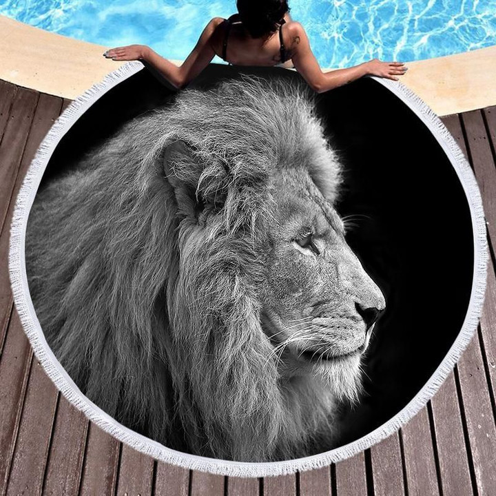 3d Black And White Photo Animal Lion Printed Round Beach Towel