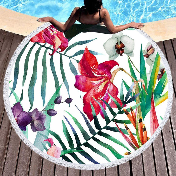 Watercolor Tropical Floral Printed Round Beach Towel