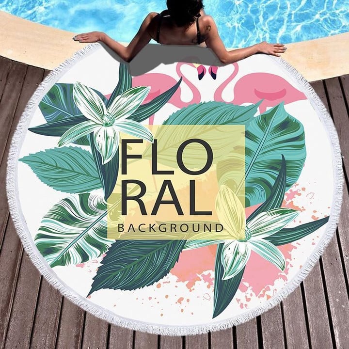 Flamingo And Floral Background Printed Round Beach Towel