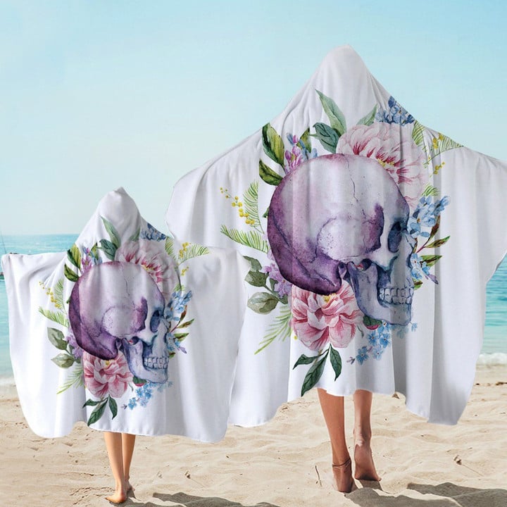Floral Skull On White Pattern Printed Hooded Towel