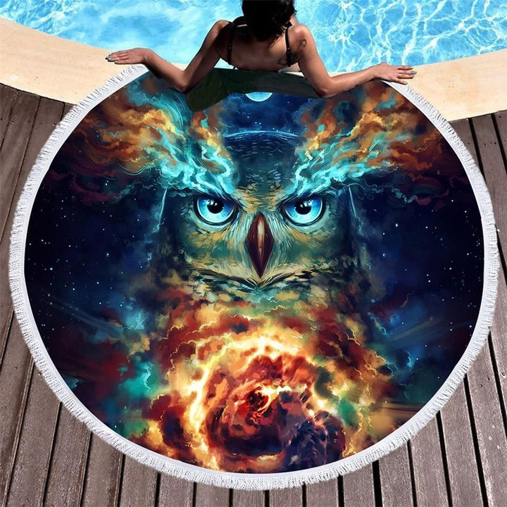 Nebula Owl Printed Round Beach Towel