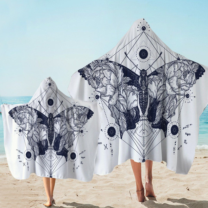 Dark Blue Ratio Butterfly On White Printed Hooded Towel
