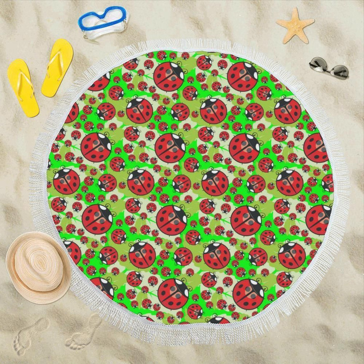 Ladybug With Leaf Print Pattern Printed Round Beach Towel