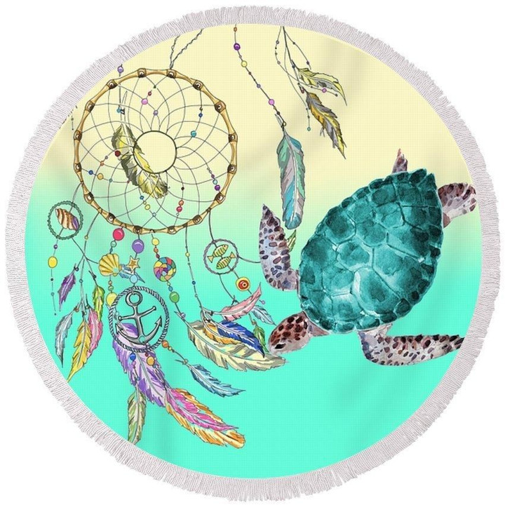 The Dream Catcher And Sea Turtle Printed Round Beach Towel