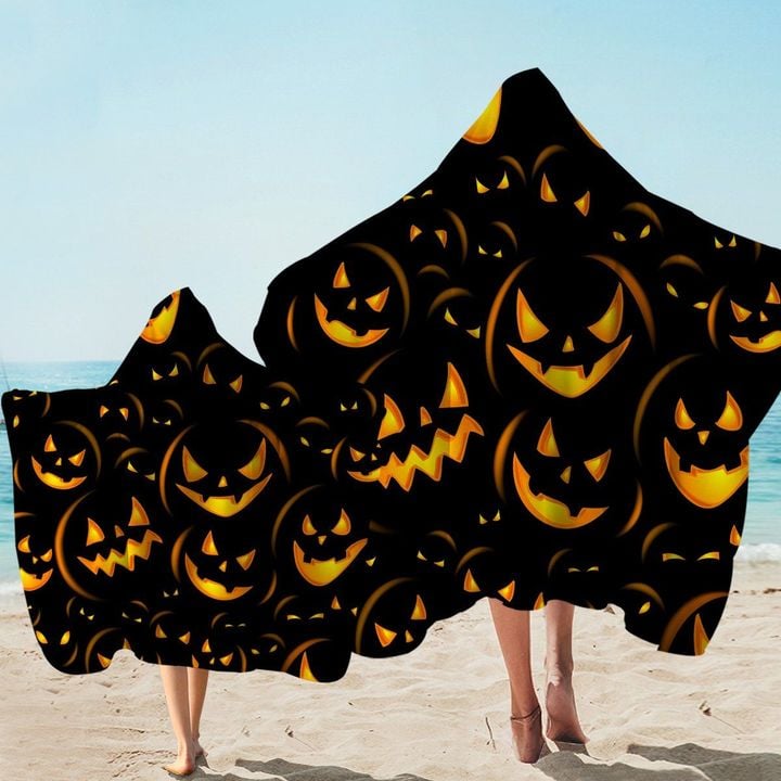 Pumpkin Faces Halloween Pattern Printed Hooded Towel