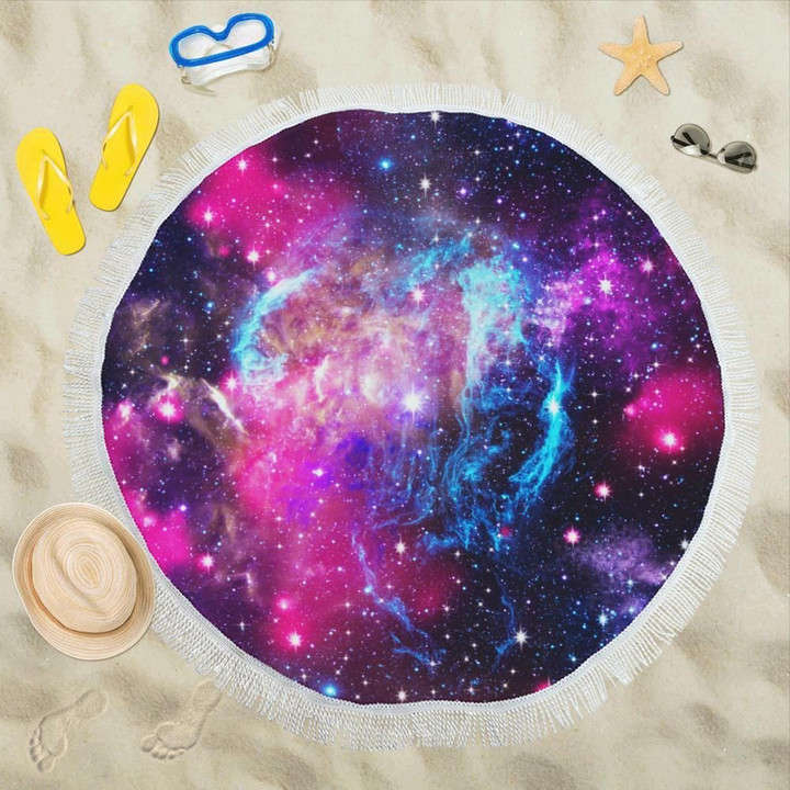 Galaxy Night Purple Space Print Round Beach Towel