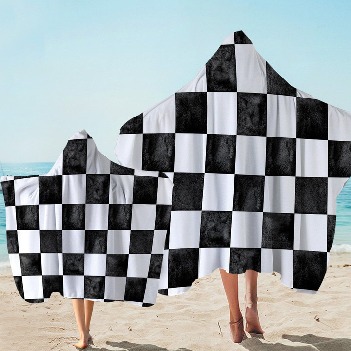 Black And White Checkerboard Printed Hooded Towel