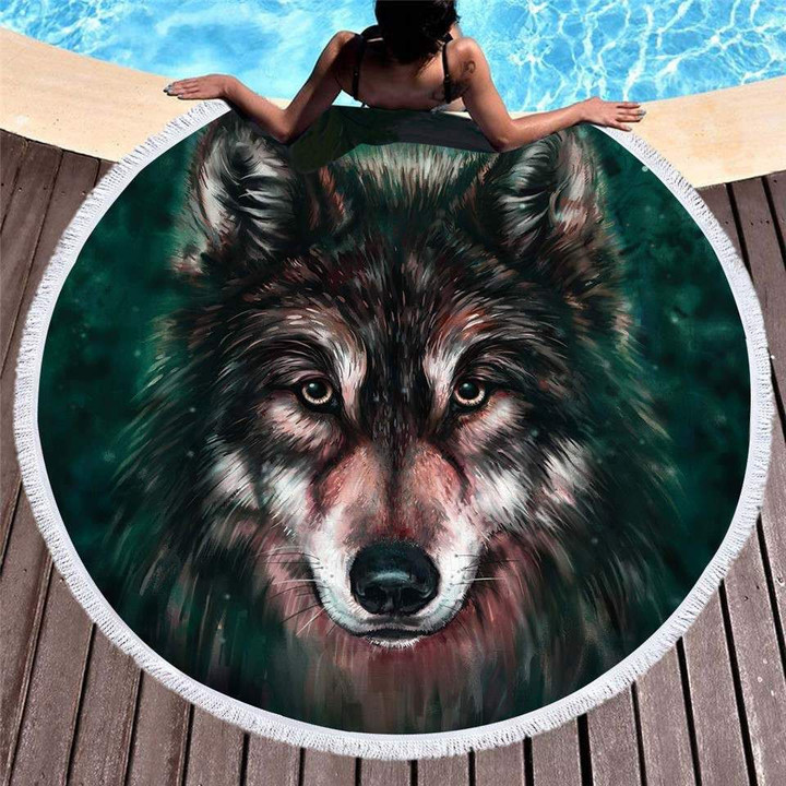 3d Wolf Head Oil Painting Round Beach Towel