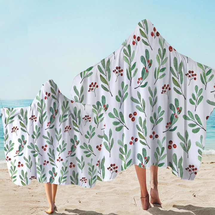 Cherry Green Leaves On White Pattern Printed Hooded Towel