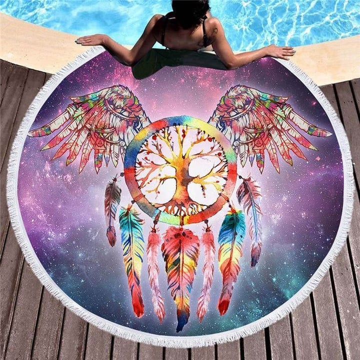 Dream Catcher With Wings And Starry Sky Backdrop Printed Round Beach Towel