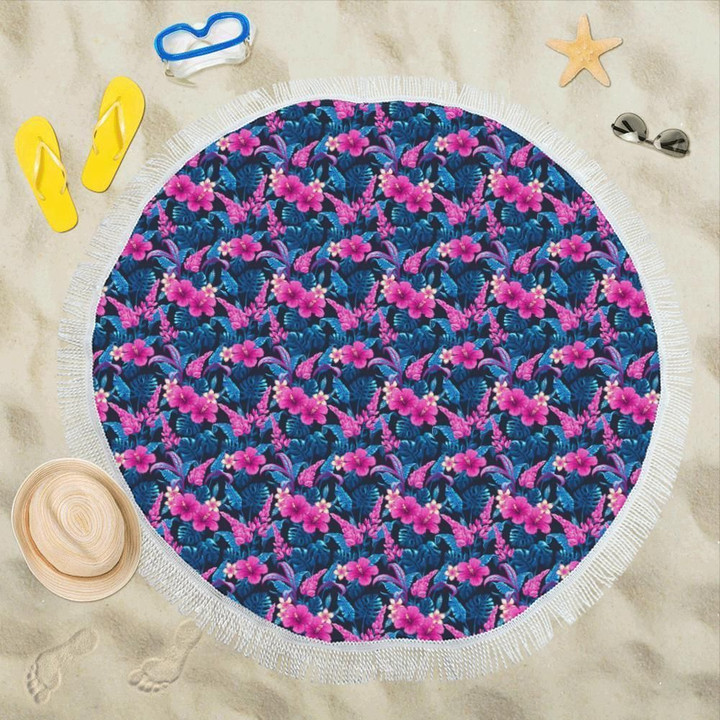 Tropical Folower Pink Themed Printed Round Beach Towel
