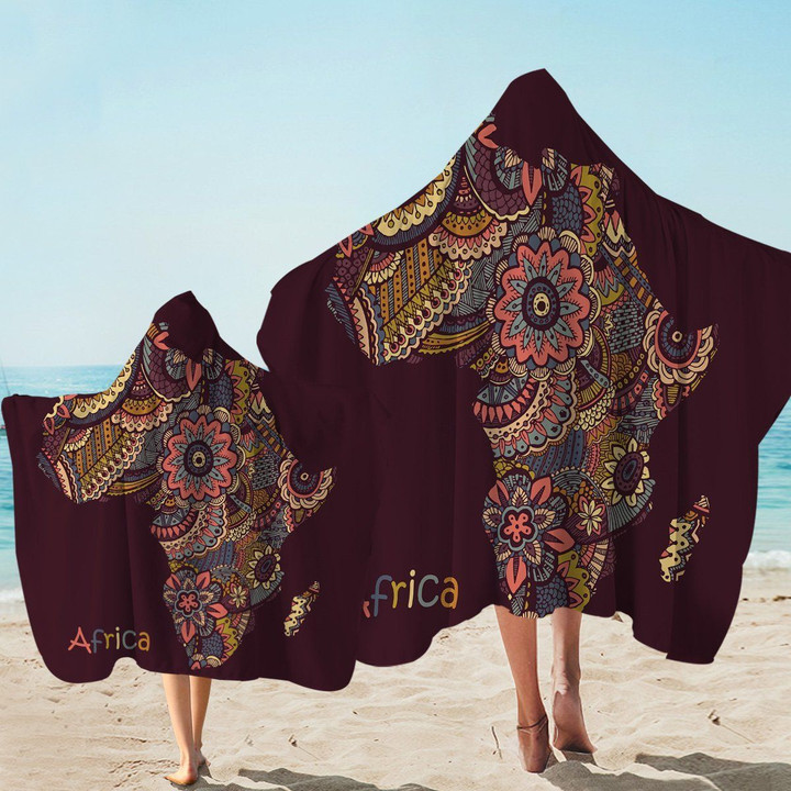 Africa Stylized Continent In Burgundy Printed Hooded Towel