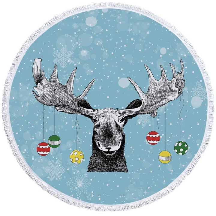 Winter Moose With Bauble Decor Printed Round Beach Towel