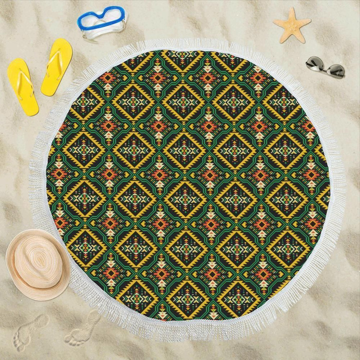 Kente Green Design African Printed Round Beach Towel