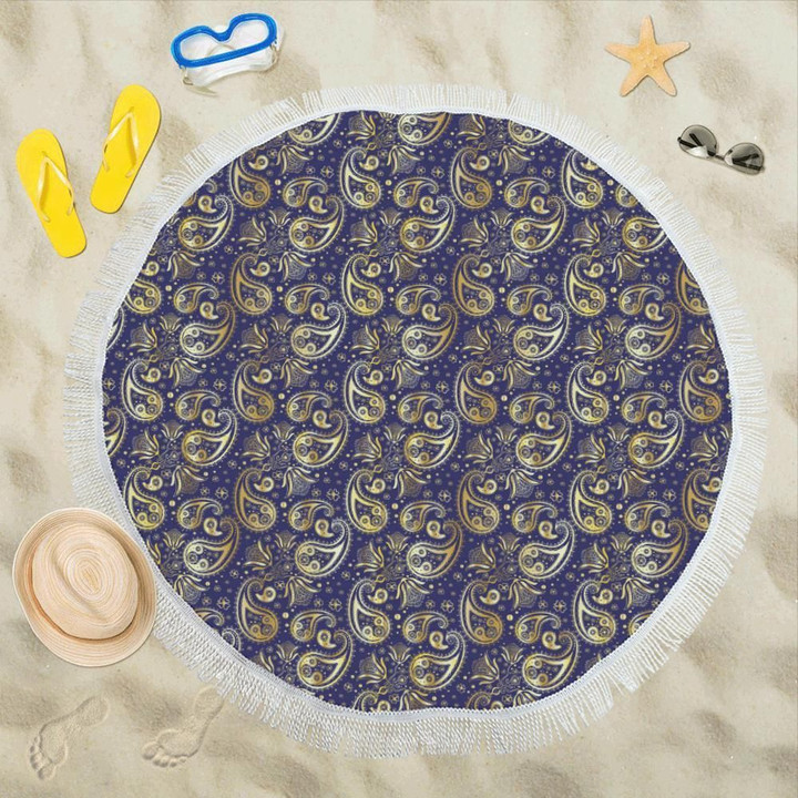 Paisley Blue Yellow Design Printed Round Beach Towel