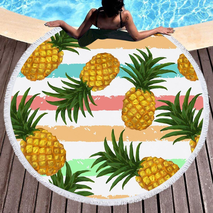 Pineapple Party Color Striped Printed Round Beach Towel
