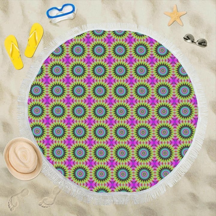 Optical Illusion Flower Rainbow Style All Over Printed Round Beach Towel