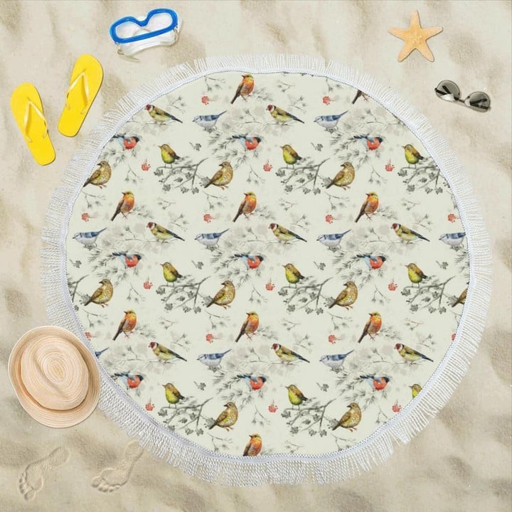Bird Watercolor Design Pattern Round Beach Towel