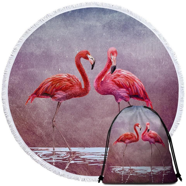 Pink Flamingo Couple Love You Forever Printed Round Beach Towel
