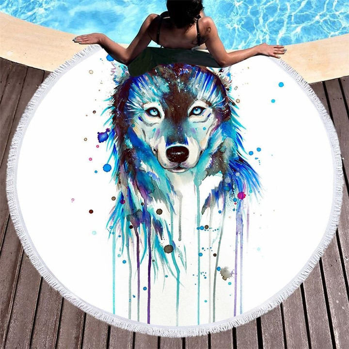 Blue Splashing Ice Wolf Printed Round Beach Towel