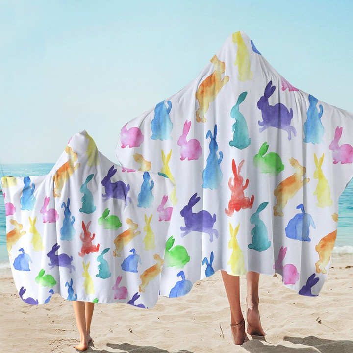 Colorful Bunnies White Printed Hooded Towel
