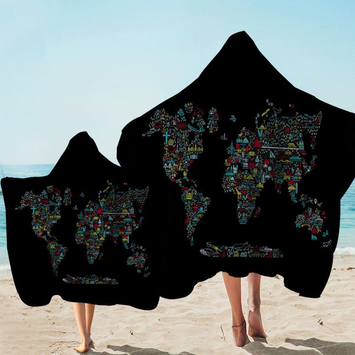 Iconic Continents On Black Printed Hooded Towel