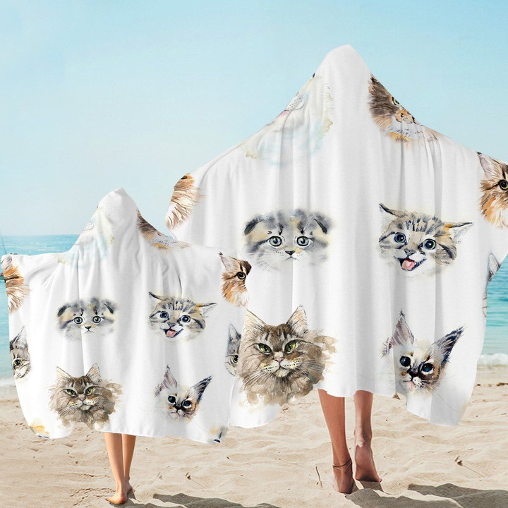 Kitty Heads On White Printed Hooded Towel