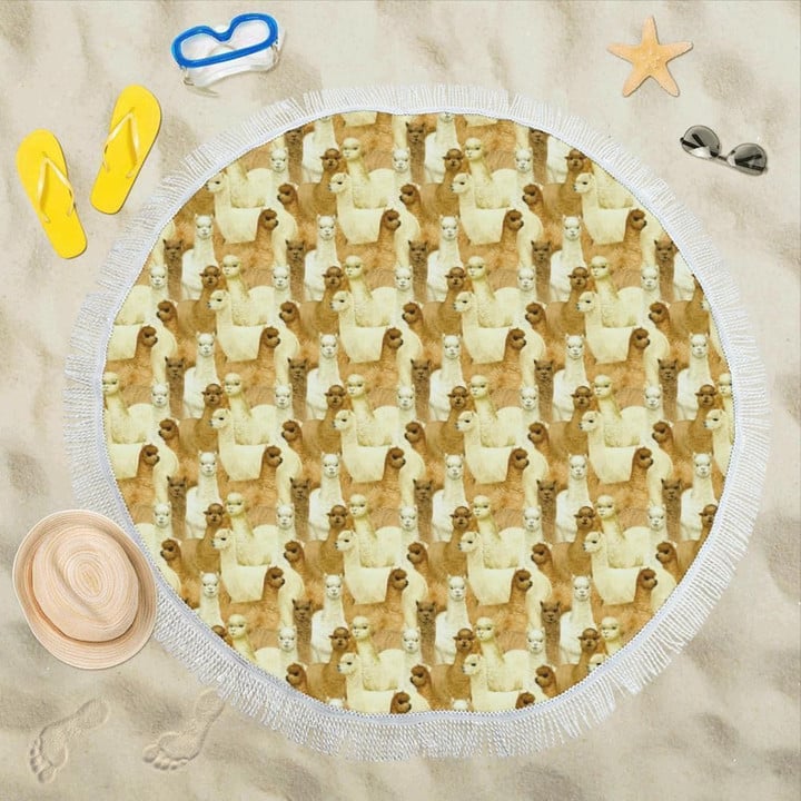 Alpaca Watercolor Design Themed Print Round Beach Towel