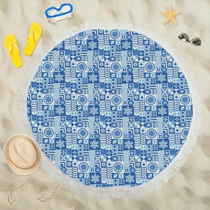 Blue Swedish Pattern Printed Round Beach Towel