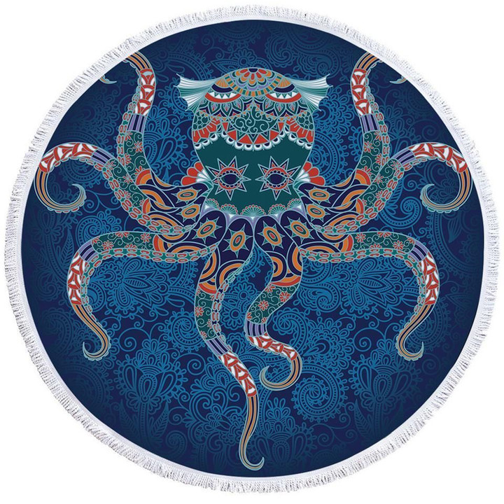 Stylized Octopus Blue Pattern Printed Round Beach Towel