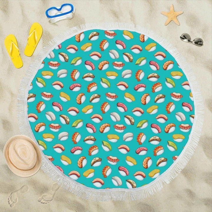 Blue Sushi Themed Printed Round Beach Towel