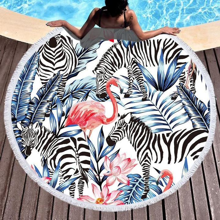 Tropical Famingo And Zebra Printed Round Beach Towel