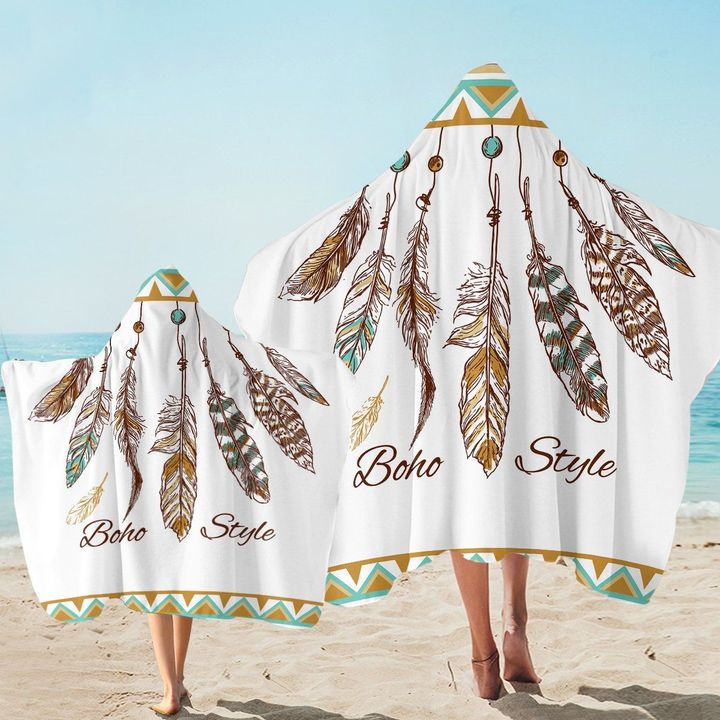 Boho Style Feathers Wild And Free Printed Hooded Towel