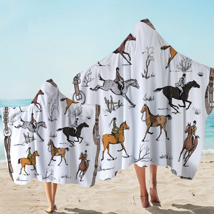 Horse Riders With Pattern On White Printed Hooded Towel