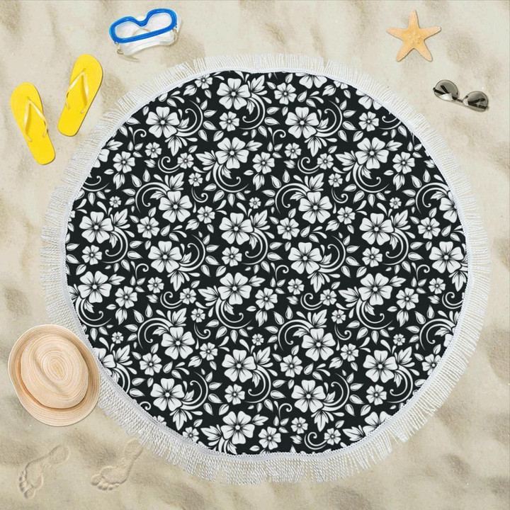 Floral Black White Themed Print Round Beach Towel