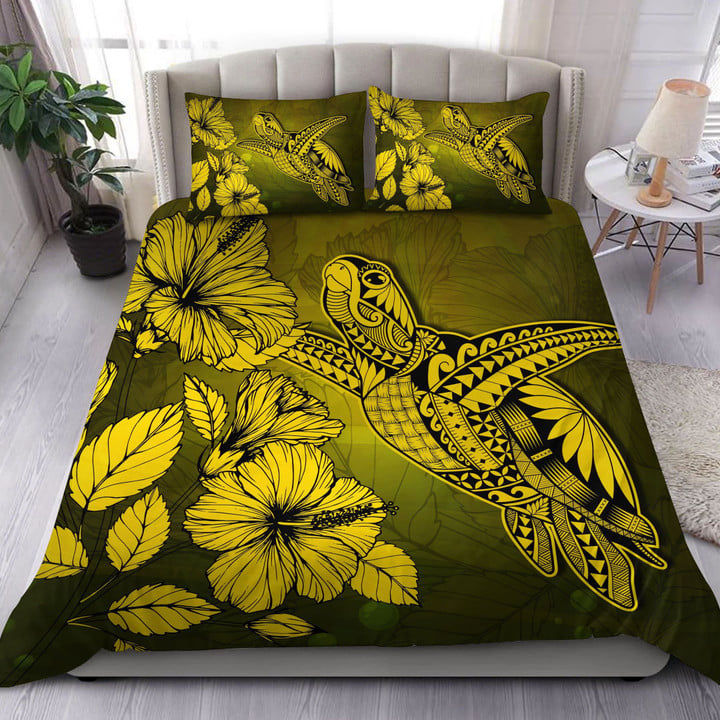 Hawaii Turtle Reach To The Sky Hibiscus Yellow Duvet Cover Bedding Set