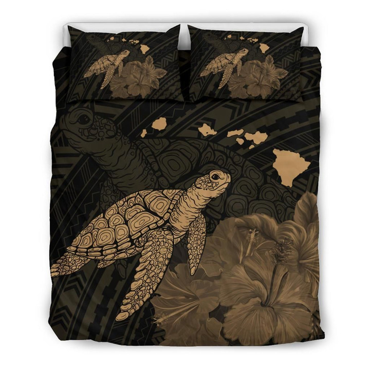 Hawaii Polynesian Hibiscus Turtle Map Gold Leaf Duvet Cover Bedding Set